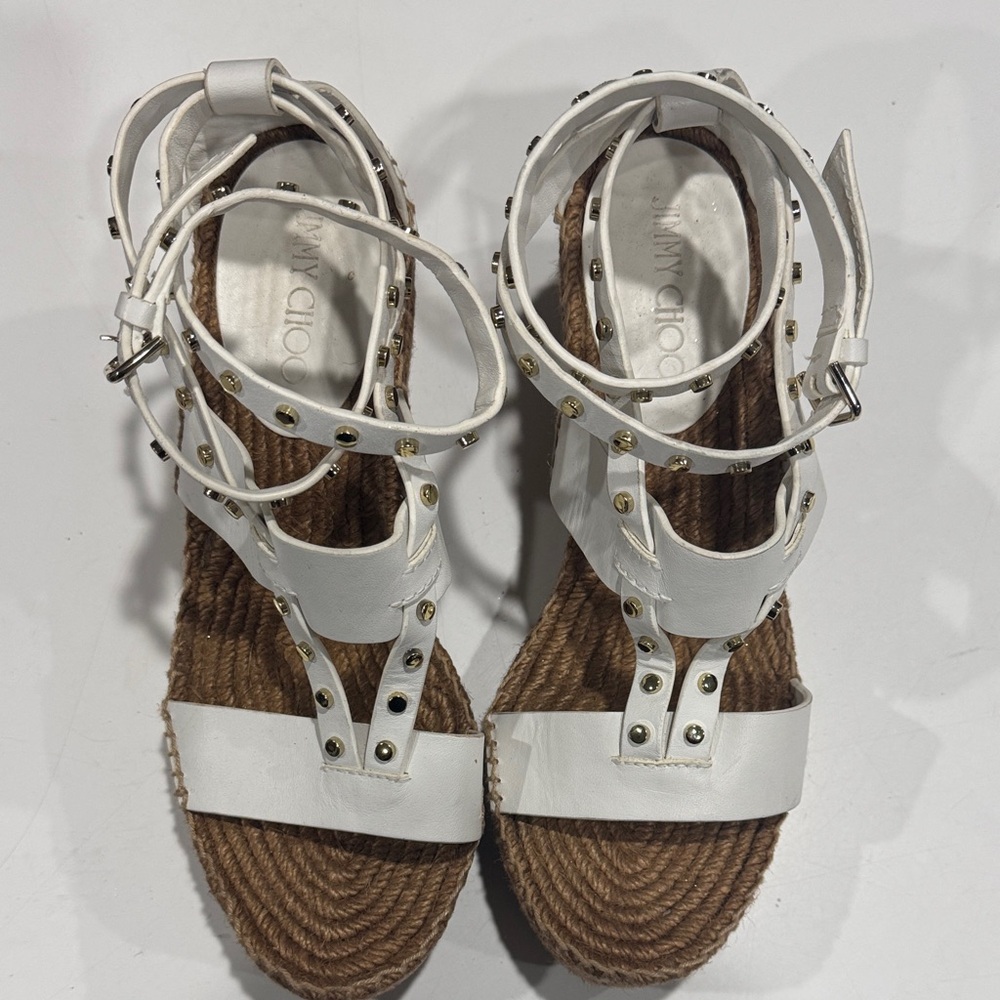 Jimmy Choo White Studded Leather Ankle-Strap Sandals